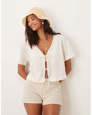ASOS DESIGN Belle linen blend beach tie front top in natural