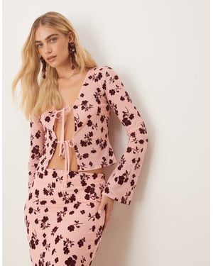 ASOS DESIGN tie front floral flocked sheer top co ord in pink