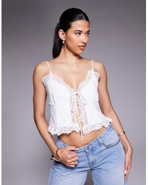 ASOS DESIGN slinky lace trim tie front top in white