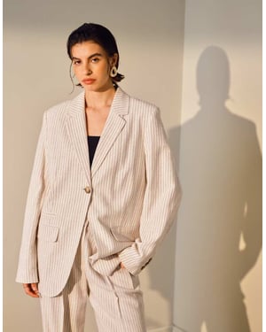 Topshop co ord linneblazer med en knapp i krämfärgad randig mönster