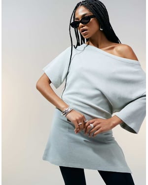 ASOS DESIGN off shoulder cinched waist waffle t-shirt in washed sage