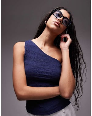 Topshop crinkle one shoulder top in navy