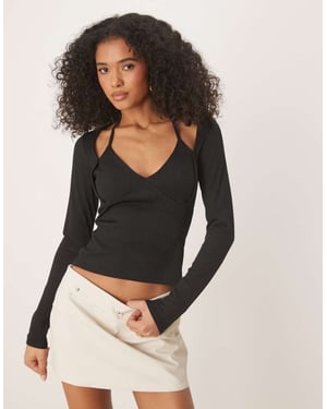 ASOS DESIGN rib halter neck long sleeve top in black