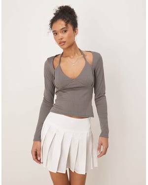ASOS DESIGN rib halter neck long sleeve top in grey