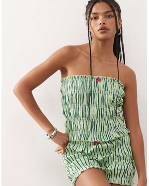 COLLUSION shirred bandeau top co-ord in green stripe