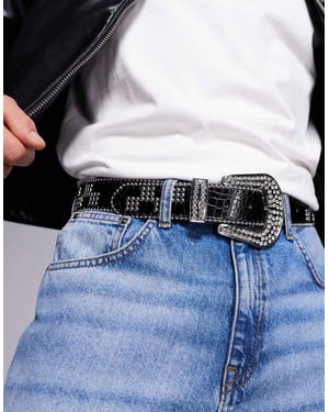 ASOS DESIGN western cowboy checkerboard studded belt in black croc faux leather