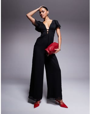 ASOS DESIGN volangärms rynkad vida byxdress i svart