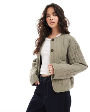 ASOS DESIGN linne kort kragefri vadderad jacka i khaki