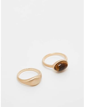 ASOS DESIGN pack of 2 stone set rings with real tigers eye in brushed gold tone