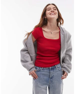 Topshop square neck rib cap sleeve tee in cherry red