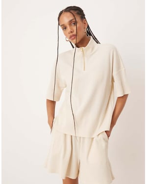 Vila boxy 1/4 zip waffle top co-ord with faux pearl zip detail in birch cream