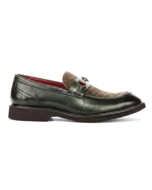 Justin Reess Men's Green Leather Herringbone Tweed Loafer Shoes - Tristian