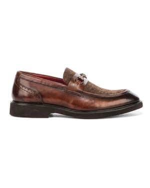 Justin Reess Men's Tan Leather Herringbone Tweed Loafer Shoes - Tristian