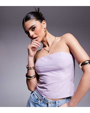 Kaiia exklusiv bomullsrik bandeau crop top i lila och rosa rutigt