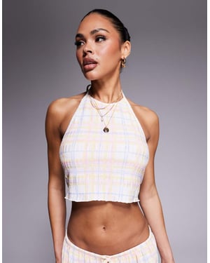 Kaiia exklusiv halterneck öppen rygg texturerad crop top co-ord i flerfärgad rutigt