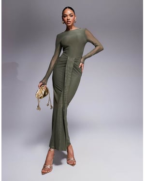 ASOS DESIGN mesh långärmad klänning med skuren hals och öppen rygg maxi-klänning med bälte i khaki