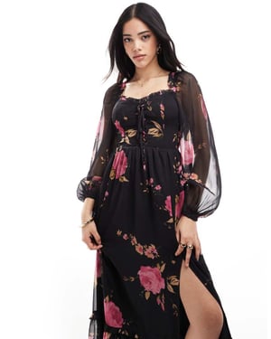 Miss Selfridge maxi klänning med korsettdetalj i rosavtryck