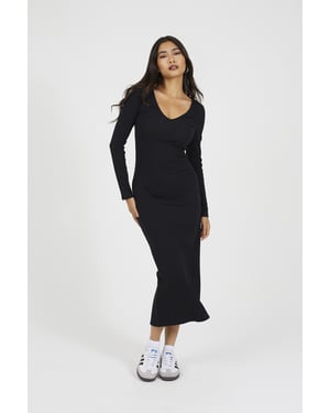 Black V-Neck Fitted Long Sleeve Maxi Dress