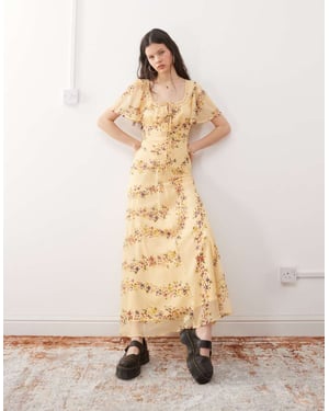 Återvunnen vintage maxi teklänning med spets i duttig smörgul blommönster