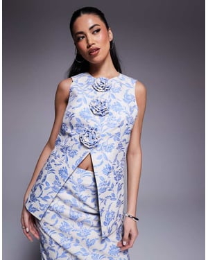 ASOS LUXE samordnad jacquard väst med 3D-blommor i blått tapetmönster