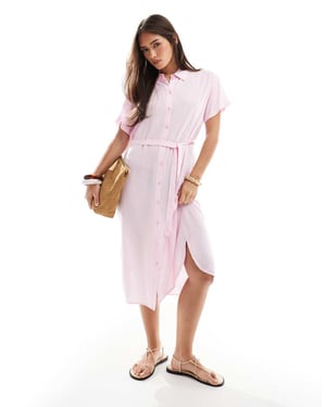 Vero Moda skjortmidiklänning med knytbälte i rosa