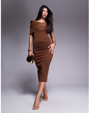 ASOS DESIGN bardot manipulerad taftabodice midi klänning i mocha
