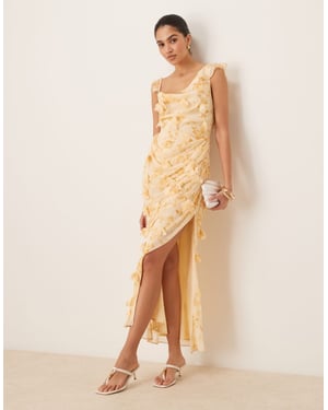ASOS DESIGN 3D-blommor draperad volangärm midaxi klänning med öppen rygg i liten blommig tryck