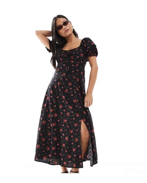 Miss Selfridge Petite spunnit te midaxi klänning i svart ros mönster