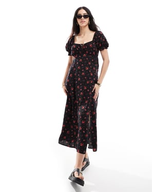 Miss Selfridge snurrad te midaxi klänning i svart rosprint