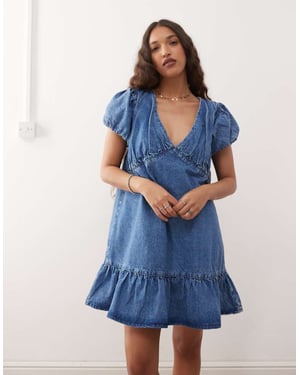 Återvunnen Vintage denim smock mini klänning med puffärmar i mellanblått