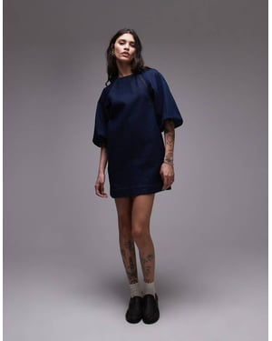 Topshop denim mini shiftklänning med ballongärmar i rå look indigo