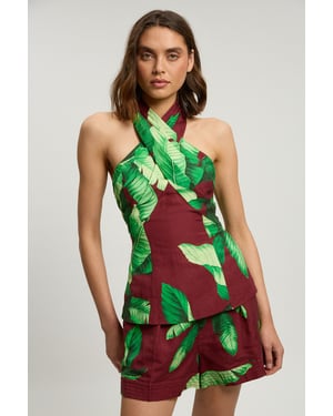 Viscose Linen Palm Tree Halterneck Woven Top