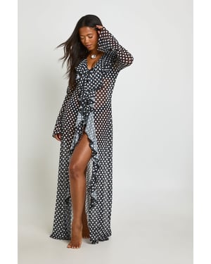 Polka Dot Ruffle Detail Mesh Maxi Beach Kimono