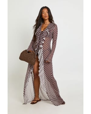 Polka Dot Ruffle Detail Mesh Maxi Beach Kimono