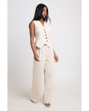 Linen Look Pleated Wide Leg Tailored Trousers
