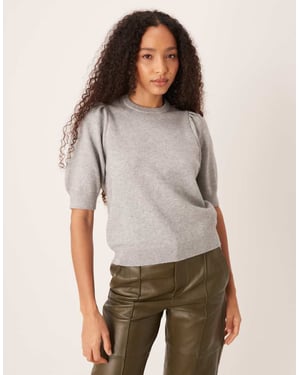 Gina Tricot stickad kortärmad tröja med puffärmar i grå melange