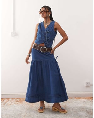 Reclaimed Vintage denim prairie skirt co-ord with bow detail