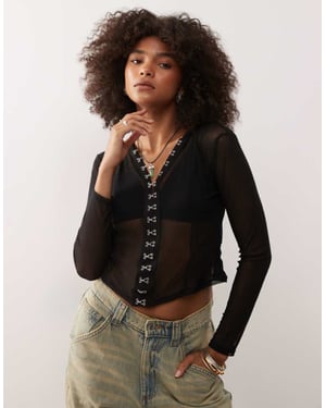 COLLUSION mesh hooded jacket with hook and eye detailing in black