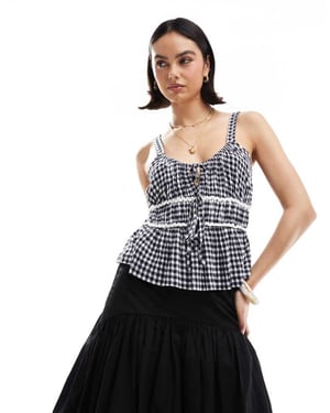ASOS DESIGN milkmaid top in gingham with ricrac trims in navy gingham