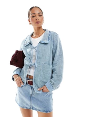 ONLY quilted tie front shacket with frill collar detail in light blue denim
