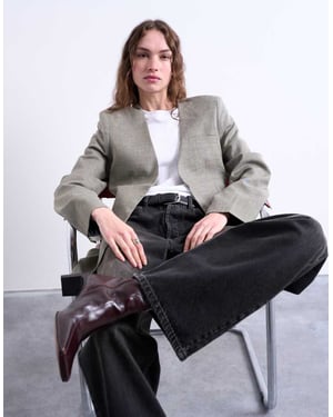 Topshop collarless chuck on blazer in grey check