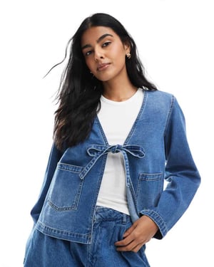 ONLY boxy tie front shacket in mid blue denim
