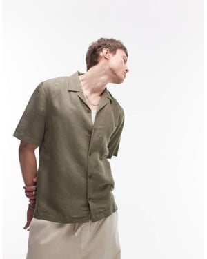 Topman regular fit short sleeve linen blend shirt in khaki