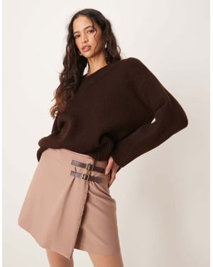 ASOS DESIGN tailored double belt wrap raw edge skirt in mocha