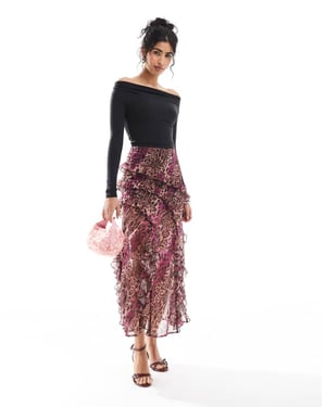 Miss Selfridge volangfållad midi-kjol i leopardmönster