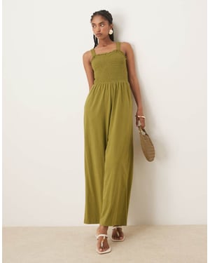 Nobody's Child shirred bodice wide leg jumpsuit in khaki