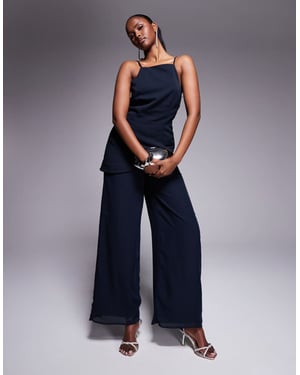 ASOS DESIGN square neck structured jumpsuit with chiffon trouser in navy