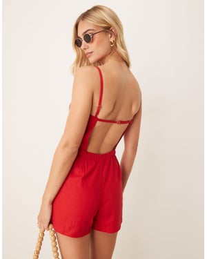 Abercrombie & Fitch Jumpsuit apron neck linen romper in red square print