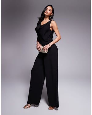 ASOS DESIGN cowl neck wide leg jumpsuit with gold hardware in black