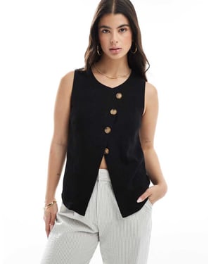 ASOS DESIGN linen look asymmetric button front waistcoat in black